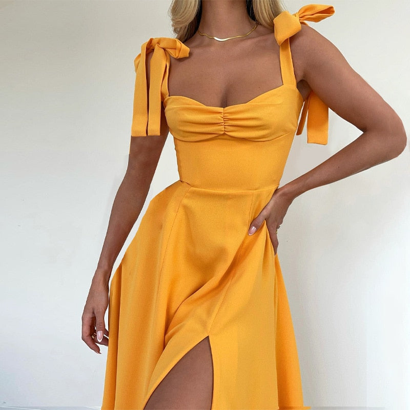 vmtvr Elegant Slit Midi Dress Outfits For Women Summer Holiday Sundresses Sexy Backless Bow Tie Gown Vestido