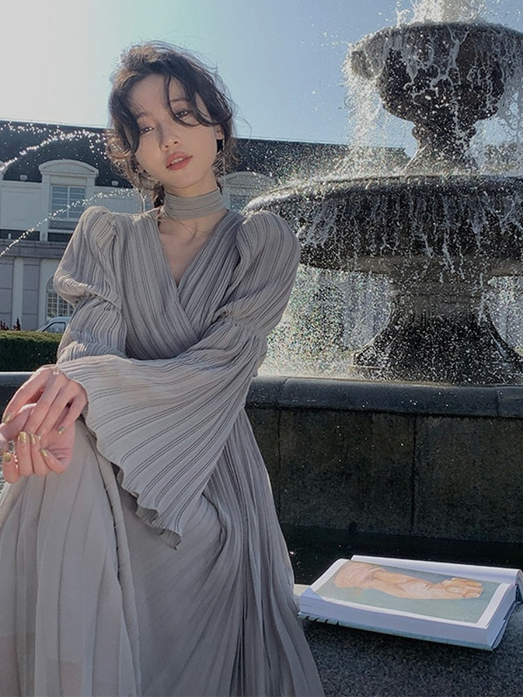 vmtvr - Fairy Pure Color Midi Dress Woman French Elegant Evening Party Dress Long Sleeve Spring One Piece Dress Korea Fashion Chic
