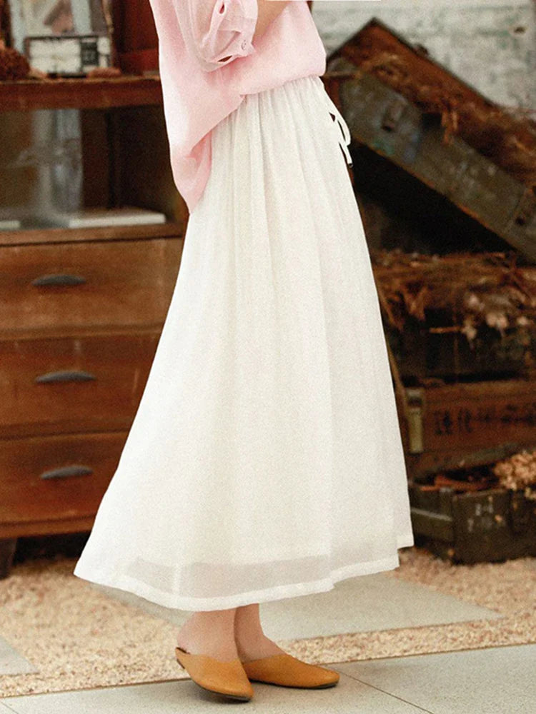 vmtvr Women Tulle Long Skirt Elastic High Waist Mesh Summer Green Fashion Loose Pleated Skirts Lace Up Elegant Ladies Skirt