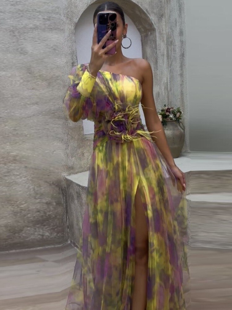 vmtvr - Elegant Tie-dye Print Dress Women Fashion Oblique Shoulder Pleated Long Dresses 2023 Summer Autumn Lady Party Evening Vestidos