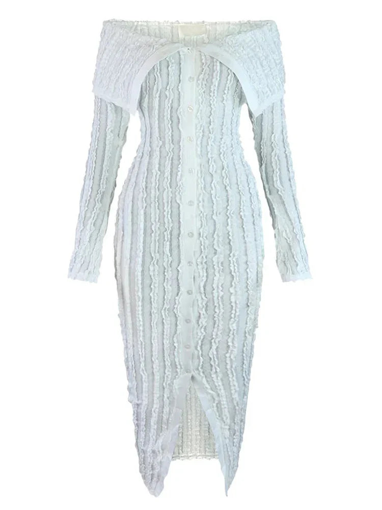 Women's Chic Pleated Midi Dress Off Shoulder See-Through Fitted Ruched Party Dress Night Club Outfits Clubwear