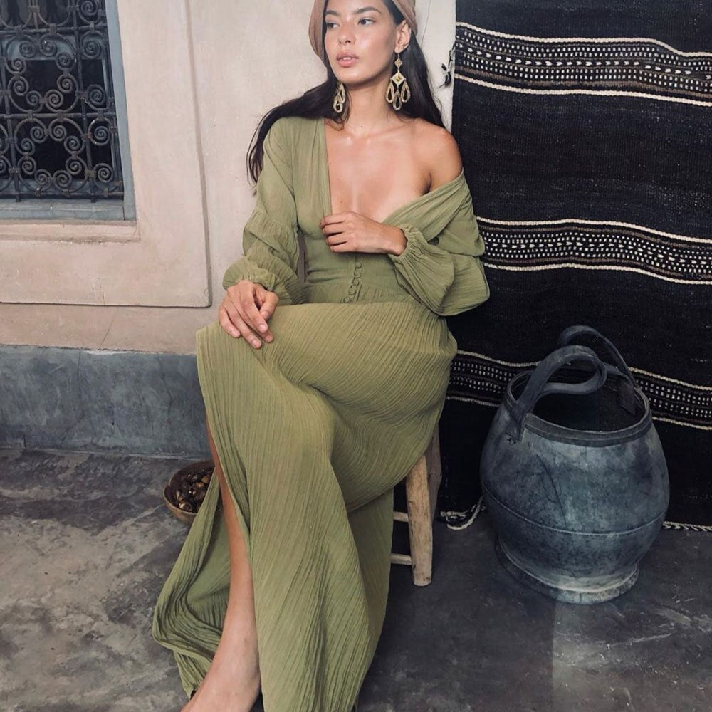 vmtvr - Femme Boho Maxi Dress Lantern Sleeve Vintage Long Split Dresses Button Down Draped Chic Mujer Vestidos Gothic Robes