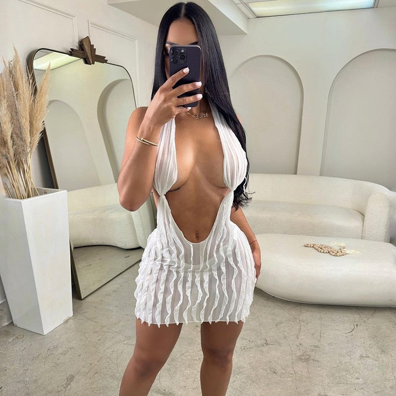 Sexy Halter Low Cut Backless Maxi Dress Women Sleeveless Pleated Slim Fit Robe Summer Beach Birthday Luxury Y2K Clothes