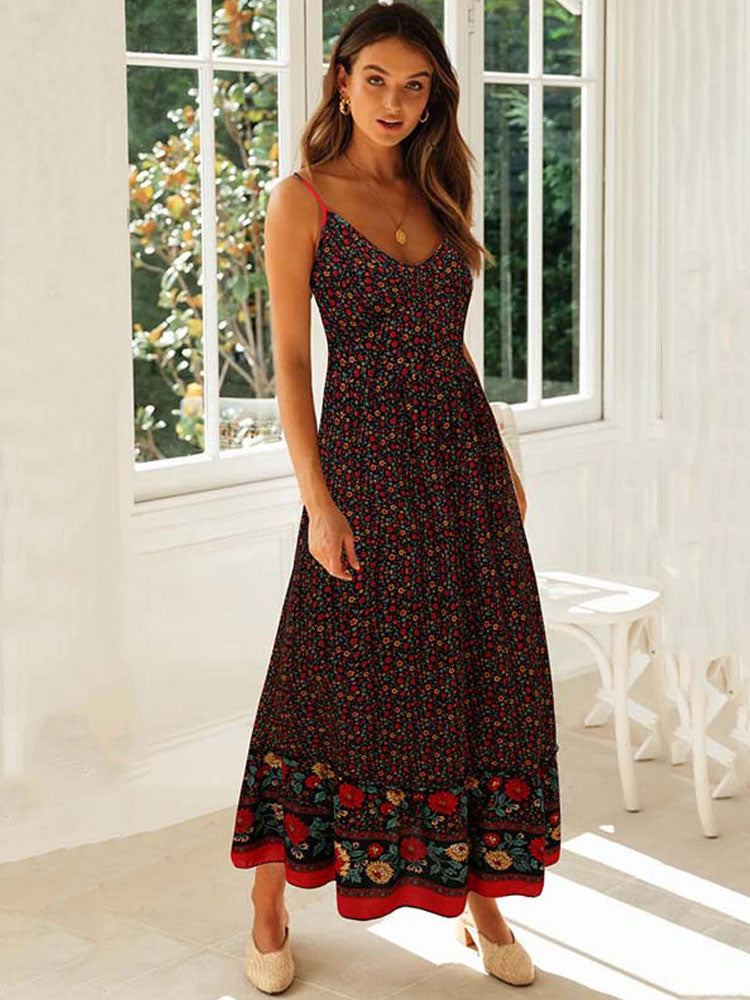 vmtvr - Summer Maxi Boho Dress Women Elegant Floral Dress Ladies Flower Spaghetti Strap Holiday Bohemian Party Dress For Women