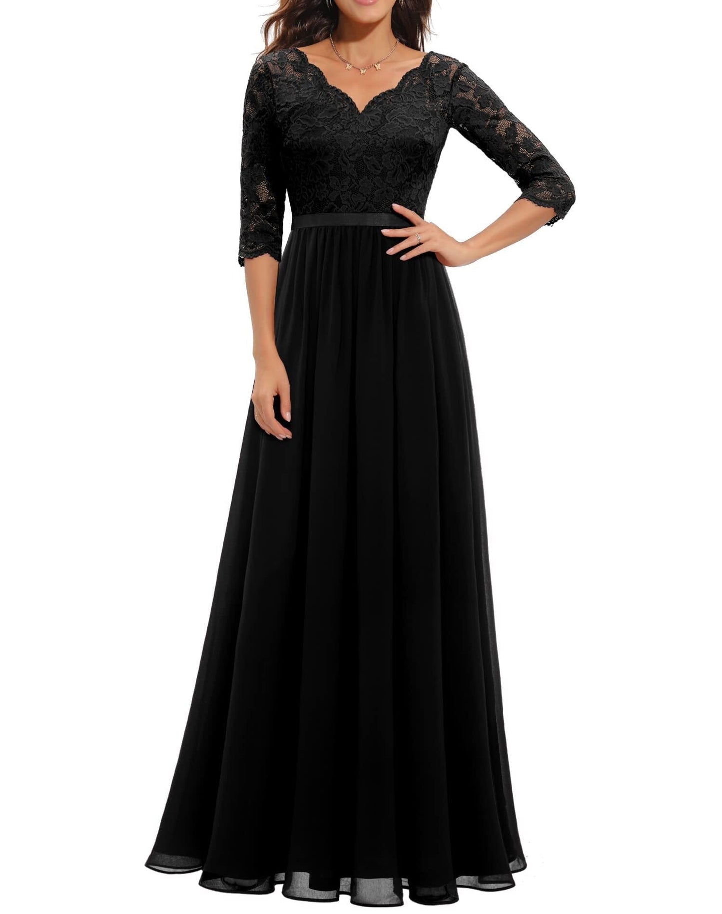 vmtvr Women's Elegant Vintage V Neck 3/4 Sleeve Floral Lace Chiffon Wedding Bridesmaid Maxi Dress Long Formal Dresses