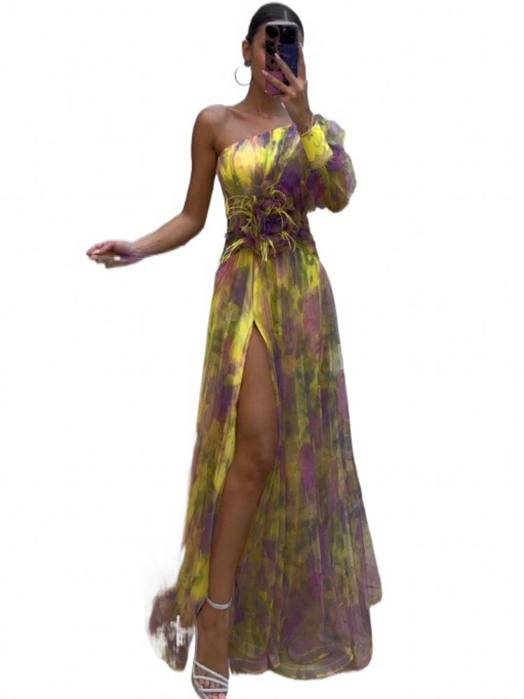 vmtvr - Elegant Tie-dye Print Dress Women Fashion Oblique Shoulder Pleated Long Dresses 2023 Summer Autumn Lady Party Evening Vestidos