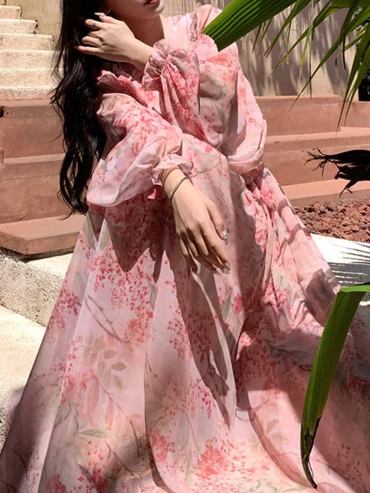 vmtvr Spring And Summer Floral Print Long Dress For Women Lantern Sleeve Beach Holiday Dresses V-Neck Long-Sleeved Robe Clothes