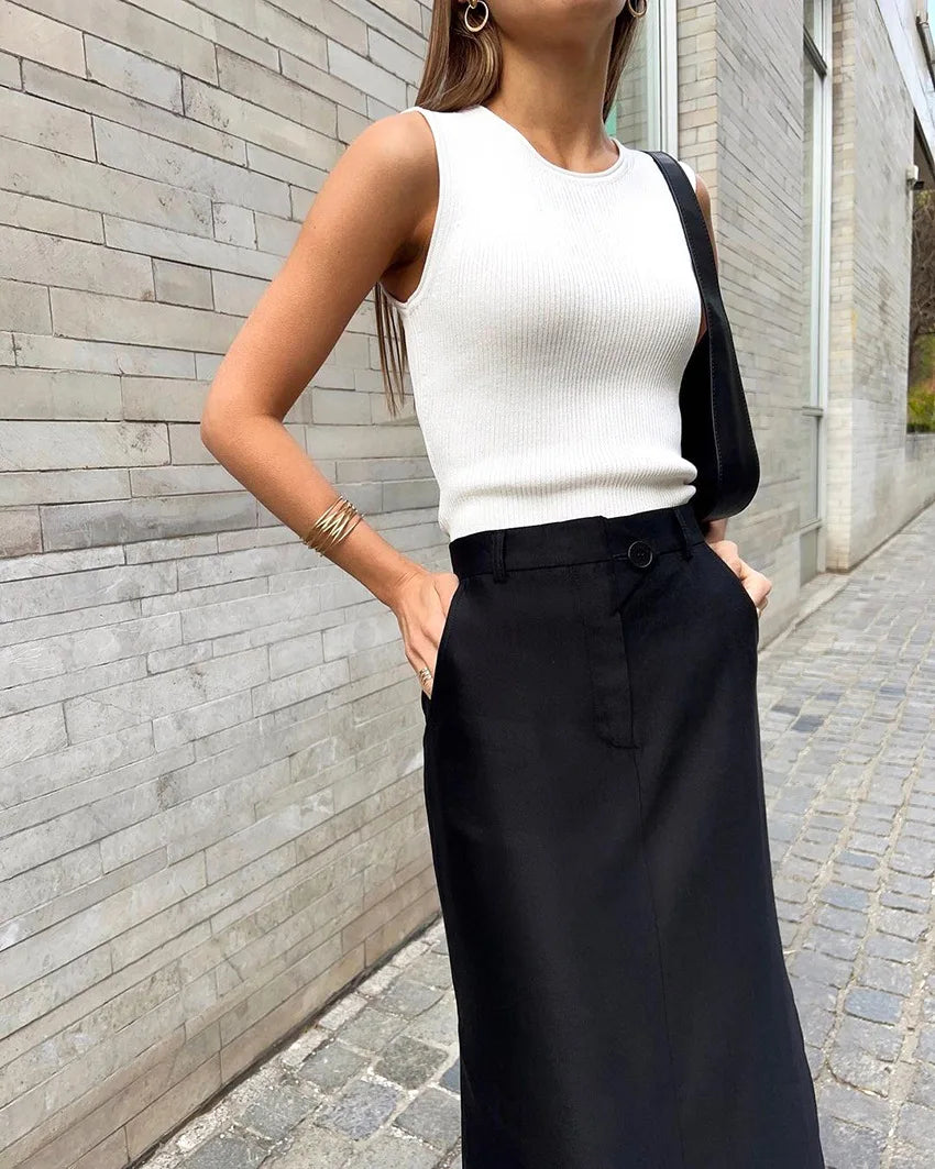 vmtvr Women's Vintage Elastic Waist Buttons Skirts Summer Female Casual Cotton Black Split Long Skirts