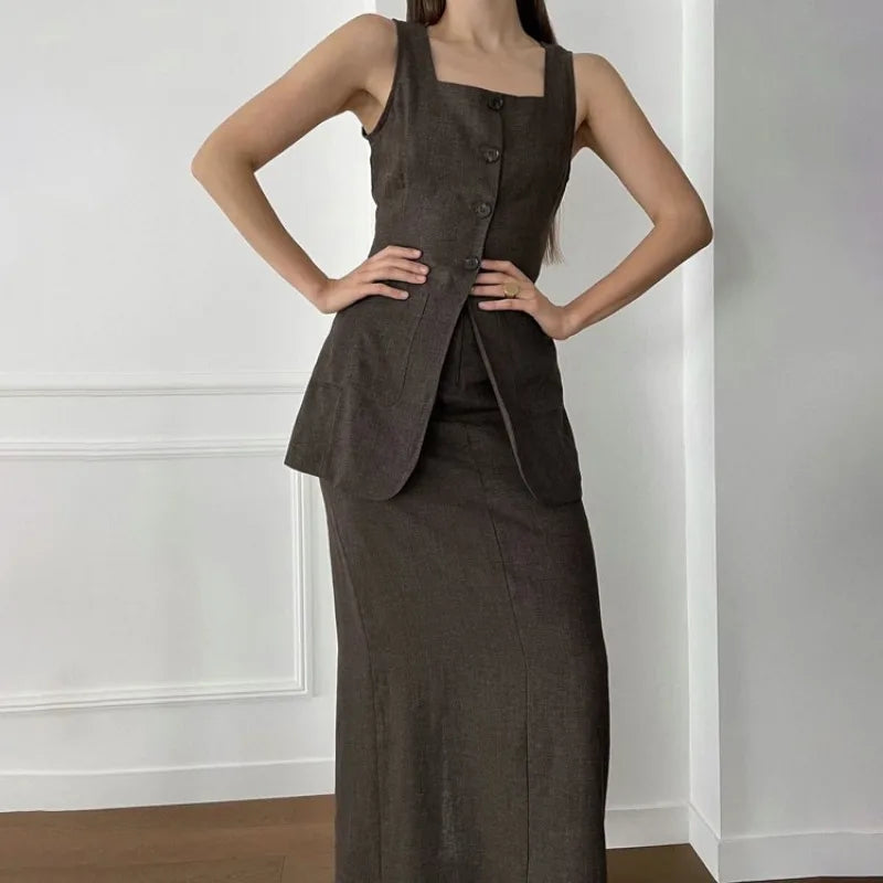 vmtvr Women's Cotton Vest Skirt Set Spring and Summer Women's Casual Office Pocket Single Row Button Top Slim Fit Loose Skirt 2Pcs