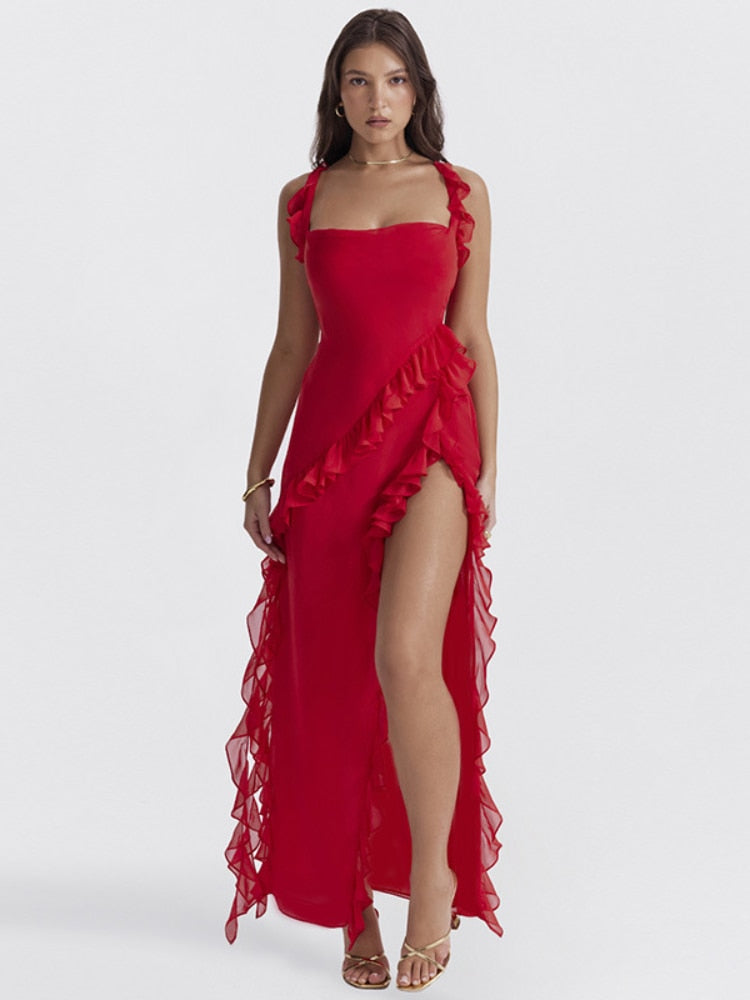 Ruffles Chiffon Maxi Dresses for Women Backlesss Split Sexy Porm Dress Red Long Summer Wedding Party Dress Elegant Luxury