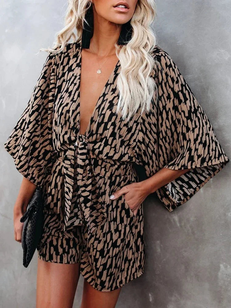 vmtvr 2024 Sexy Leopard Print Bowknot Wide Leg Romper Overalls Women Casual Loose Oversized Summer Female Playsuits Short Jumpsuits
