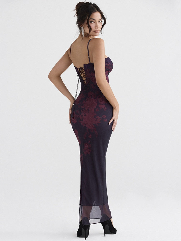 vmtvr Purple Print Sexy Long Fishtail Dress For Women Robe New Spaghetti Strap Sleeveless Backless Ruched Maxi Dress