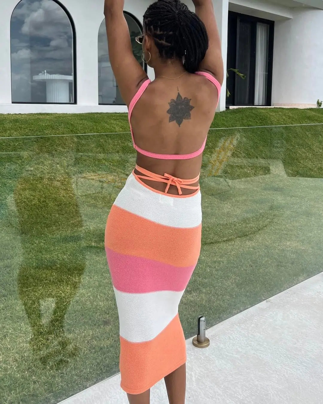 vmtvr Elegant Fashion Straps Sexy Backless Knit Maxi Dress for Women Summer Beach Holiday Cut Out Shift Dresses Clothes