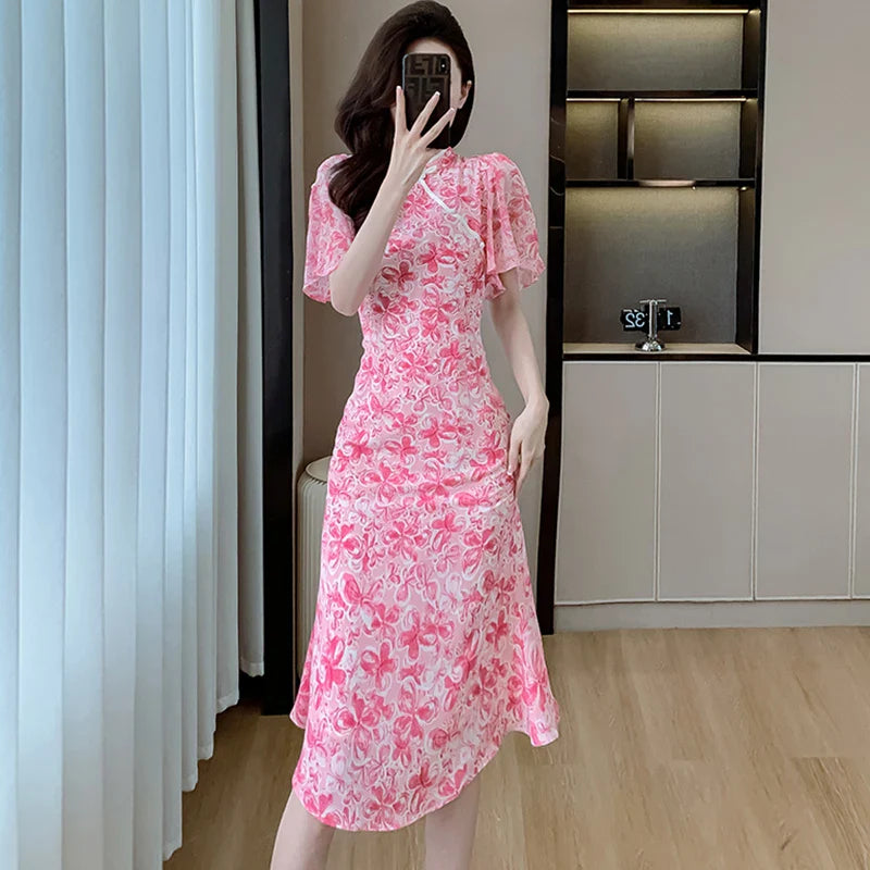 vmtvr 2024 Pink Floral Chic Casual Holiday Dress Summer Short Sleeve Bodycon Elegant Evening Dress Women Korean Fashion Party Vestidos