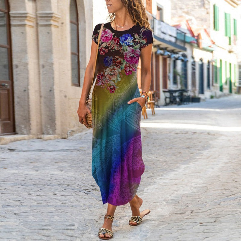 vmtvr - Elegant Women Maxi Dress Summer O Neck Short Sleeve Sundress Office Lady Party Dress Female Print A-Line Long Dress Vestido