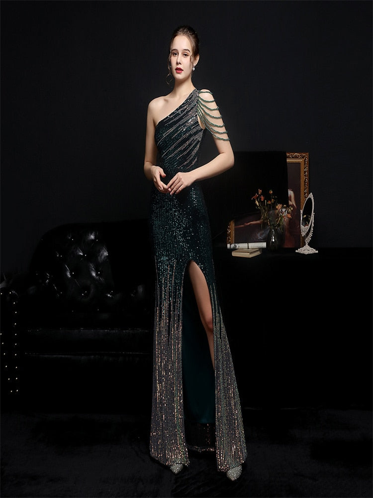 vmtvr - Elegant One Shoulder Slit Gold Sequin Evening Dress Women Beads Party Maxi Dress
