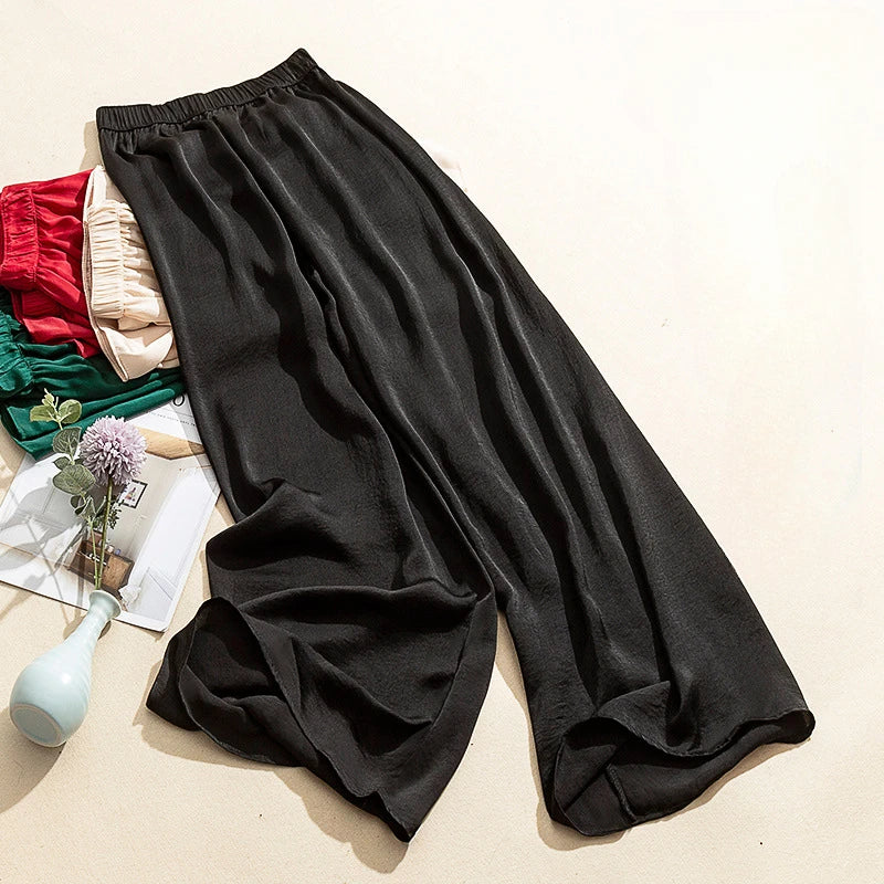 vmtvr Korean style High Waist Acetate Wide Leg Pants silk Trousers Acetate satin pants ankle-length women summer trousers
