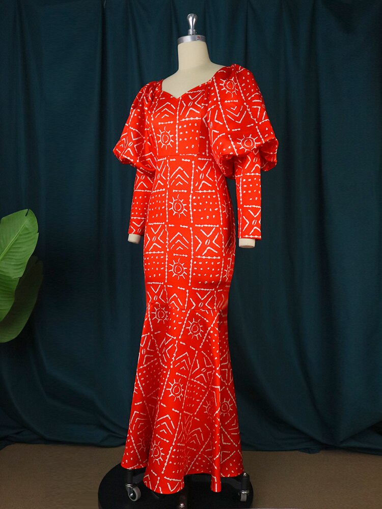 Maxi Long Dress Women Party Printed Mermaid Long Lantern Sleeve Vintage Retro Large Size African Event Celebrate Gown New