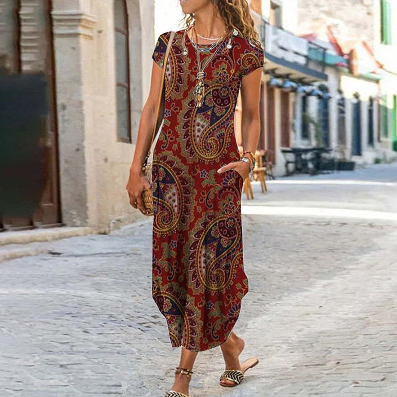 vmtvr - Elegant Women Maxi Dress Summer O Neck Short Sleeve Sundress Office Lady Party Dress Female Print A-Line Long Dress Vestido
