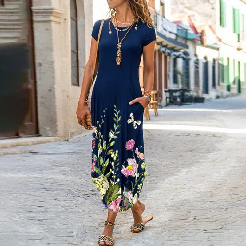 vmtvr - Elegant Women Maxi Dress Summer O Neck Short Sleeve Sundress Office Lady Party Dress Female Print A-Line Long Dress Vestido