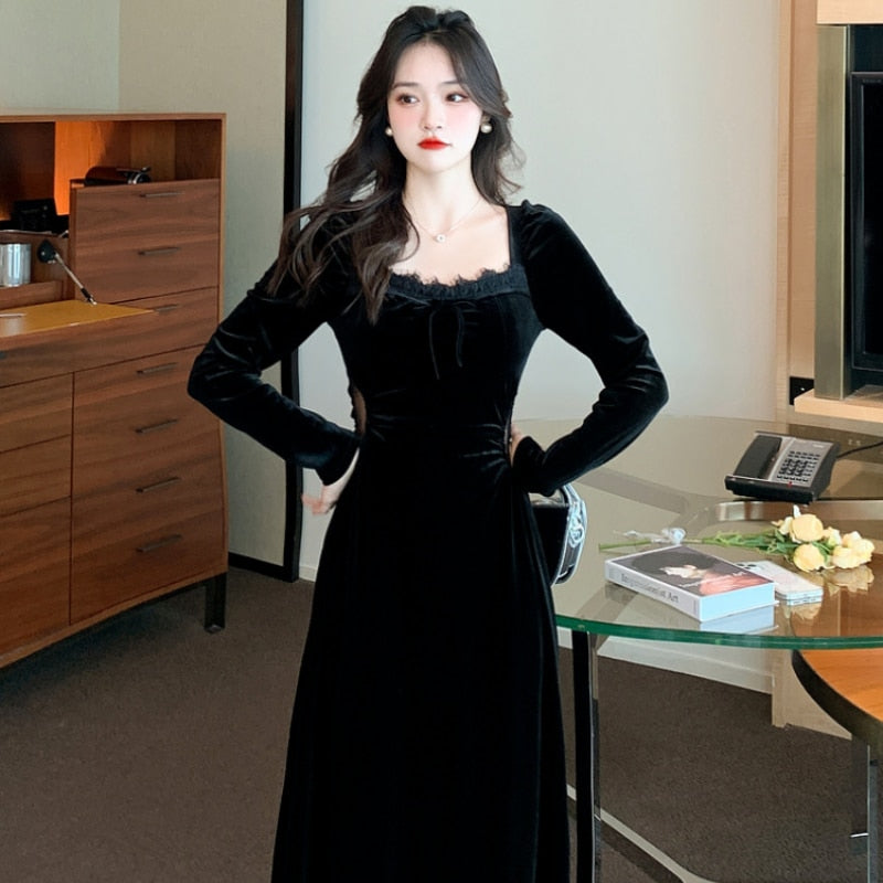 vmtvr - New Spring and Fall Vintage Black Long Sleeve Dress Woman Elegant Fashion Velvet Midi Dress Korean Style Even Party Dresses
