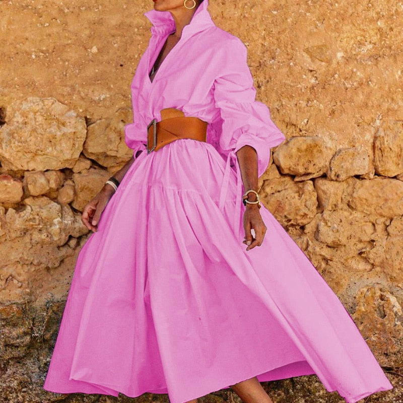 vmtvr - Chic Solid Color Lapel Shirt Dress Women Spring Button-up Long Pullover Dress New Autumn Long Sleeve Hem Pleated Maxi Dress