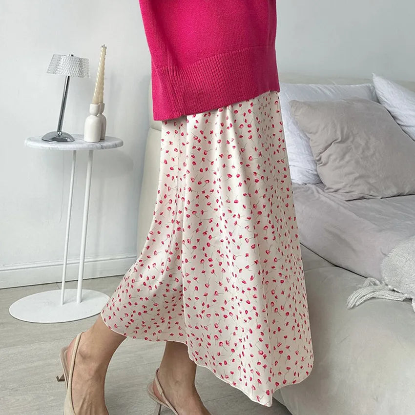 vmtvr Silk-like Satin Floral Skirt Spring and Summer Women's Elegant Elastic High Waist Leisure Vacation A-line Satin Skirt