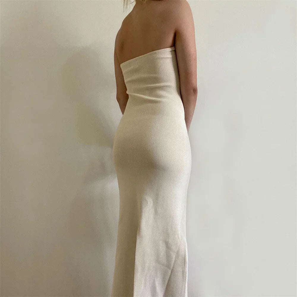vmtvr 2024 Strapless Knit Maxi Dresses Evening Backless Dress For Women Summer Beach Party Bodycon Dress Off Shoulder Twist Knitting