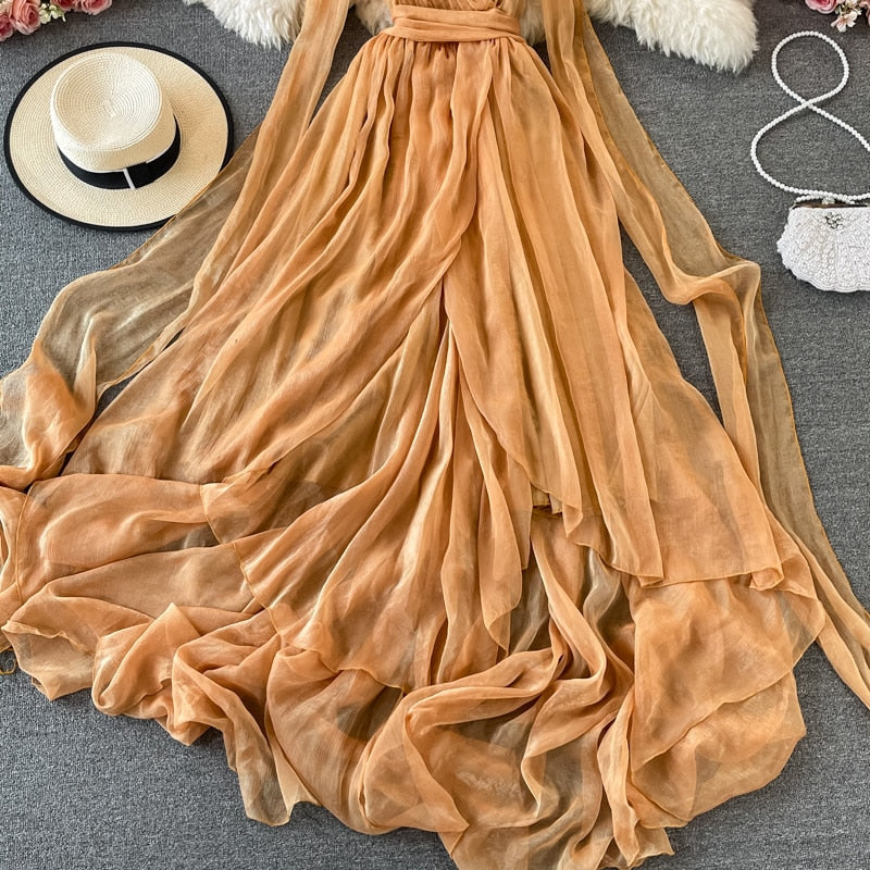 vmtvr - Autumn Khaki/White Bandage Chiffon Long Dress Sexy Deep V-Neck Sleeveless High Waist Vestidos Vacation Beach Maxi Robe New