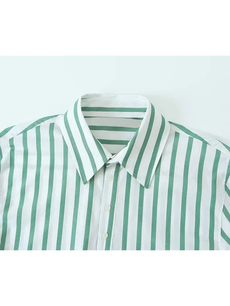 vmtvr New Summer Casual Striped Shirt Suit Women Short Sleeve Lapel Pullover Top +Elastic Waist Lace Up Pants 2024 Spring New