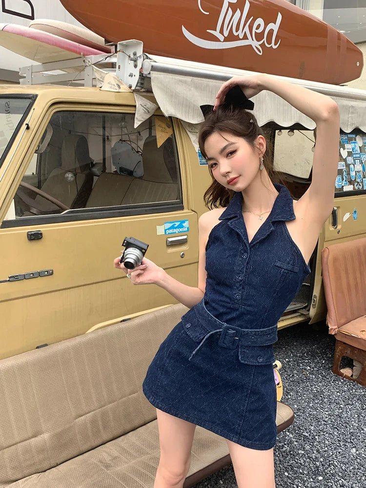 vmtvr - Sleeveless Polo Collar Denim Mini Dress