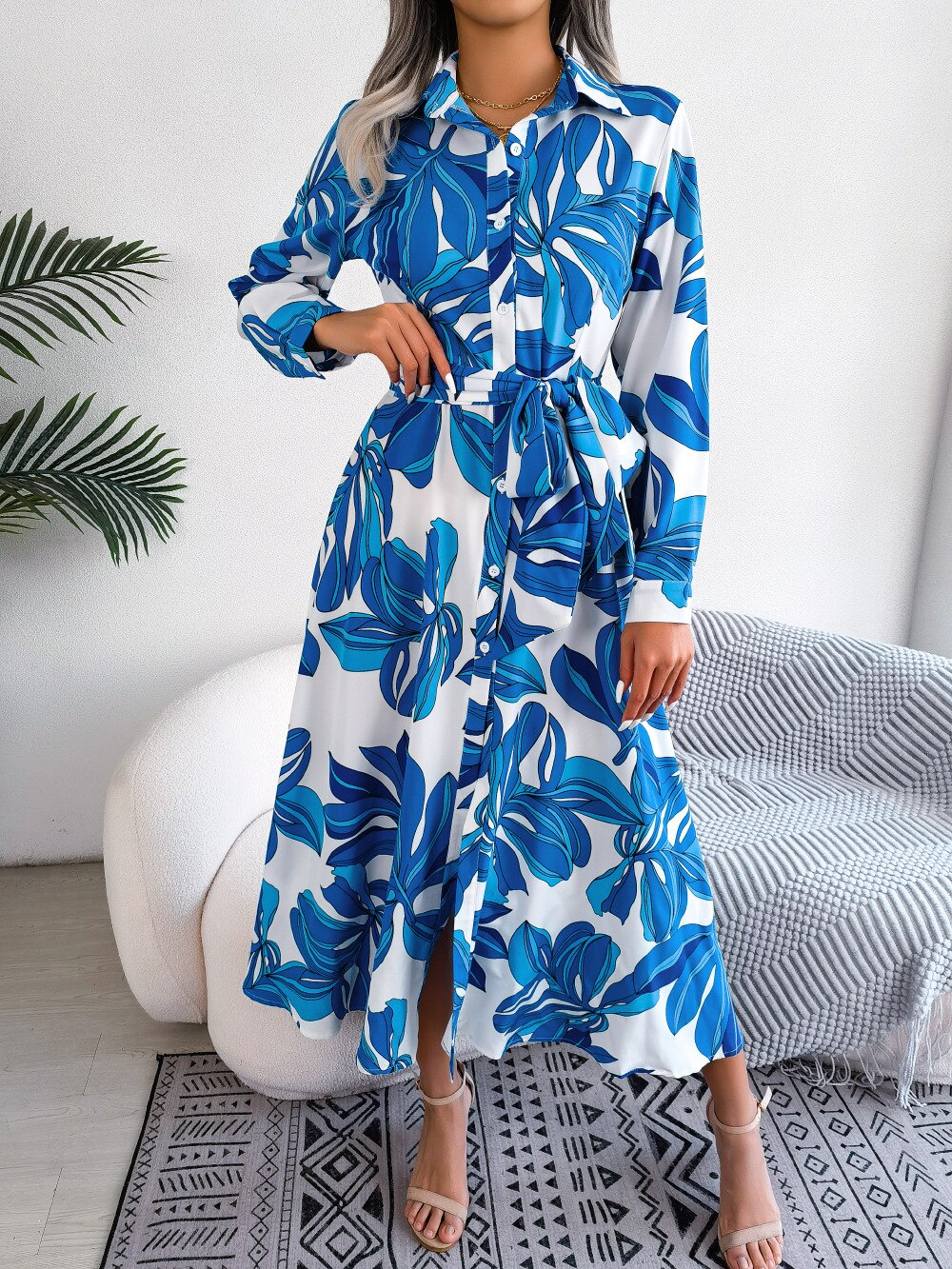 vmtvr - Spring Summer Skinny Long Dress Elegant Vintage Print Shirt Casual Lapel Button Slit Lace Up Long Sleeve Maxi Vestidos