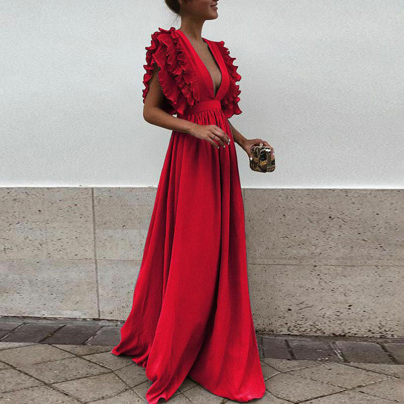 vmtvr Formal Party Dress Women Deep V-Neck Long Dress Elegant Flying Sleeves Backless Maxi Evening Dresses Robe De Soiree