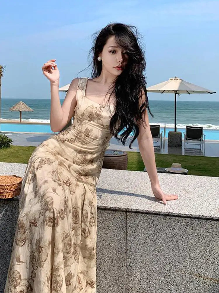 vmtvr Rose Floral Printing Ruffles Slip Long Dresses Bohemian Backless Sleeveless Women Summer Beach Travel Party Wear Ladies Vintage