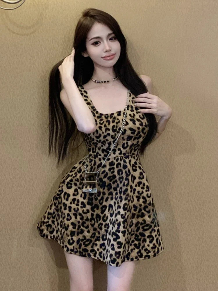 vmtvr Sexy Leopard Short Dresses for Women Summer Square Collar Sleeveless A-line Club Party Dress Elegant Prom Vestidos Mujer New