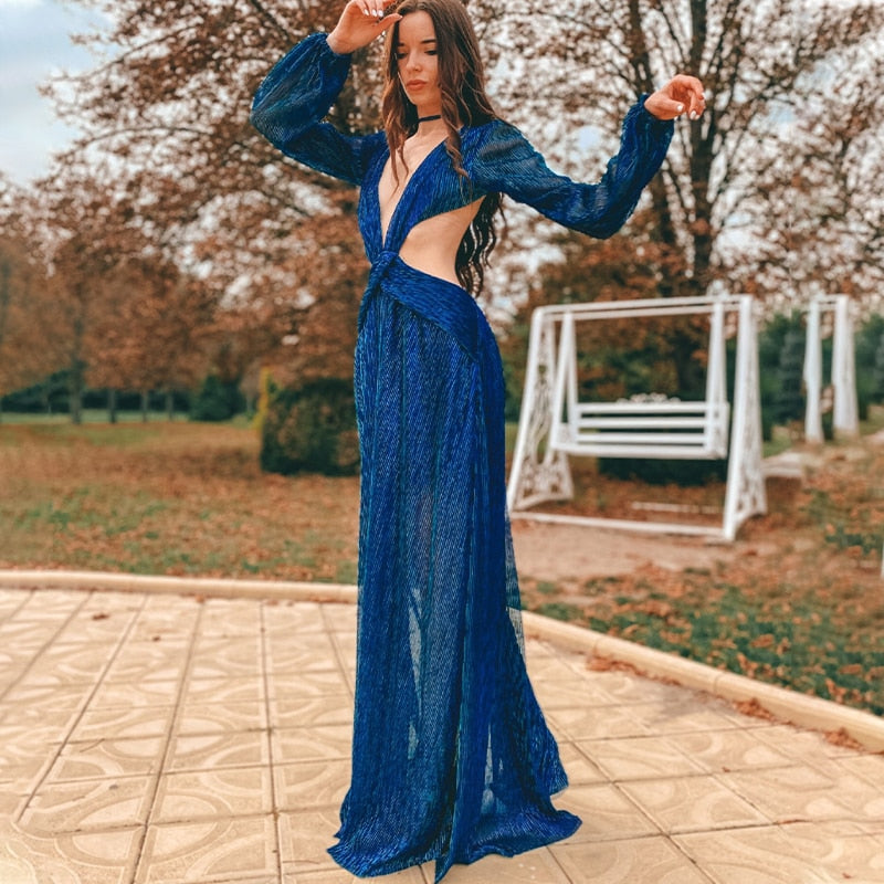 vmtvr Sexy V-Neck Backless Hollow Out Dress Summer Women Lantern Sleeve Club Party Long Maxi Dresses Tunic Beach Cover Up A916
