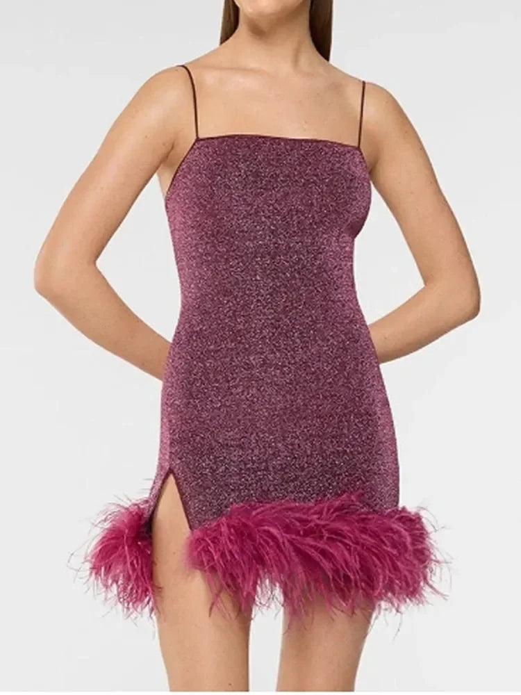 -Sexy Backless Bodycon Mini Sling Gowns Women Fashion Shiny Feather Hem Patchwork Mini Dress Summer Lady Party Evening Robes