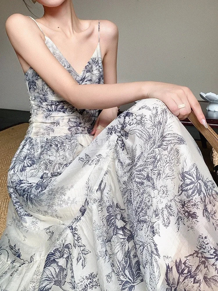 vmtvr Elegant Floral Long Dresses for Women Summer New Spaghetti Strap Party Dress Vintage Casual A-Line Female Prom Robe Vestidos