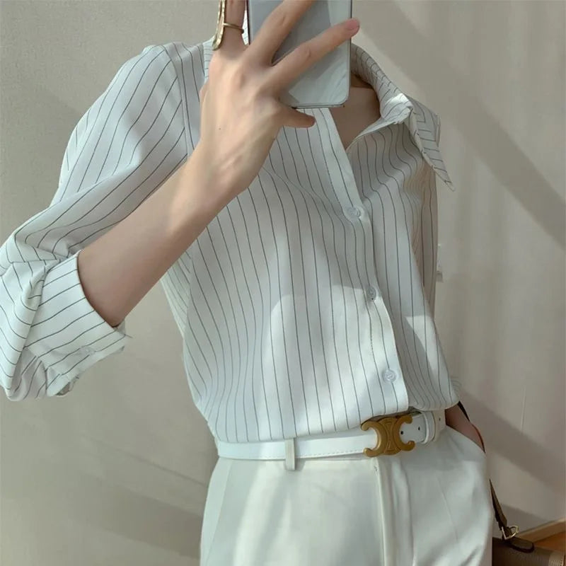 vmtvr White Stripe Long Sleeve Shirt Woman Office Ladies Basic Blouses Old Money Style Korean Fashion Summer Loose Aesthetic