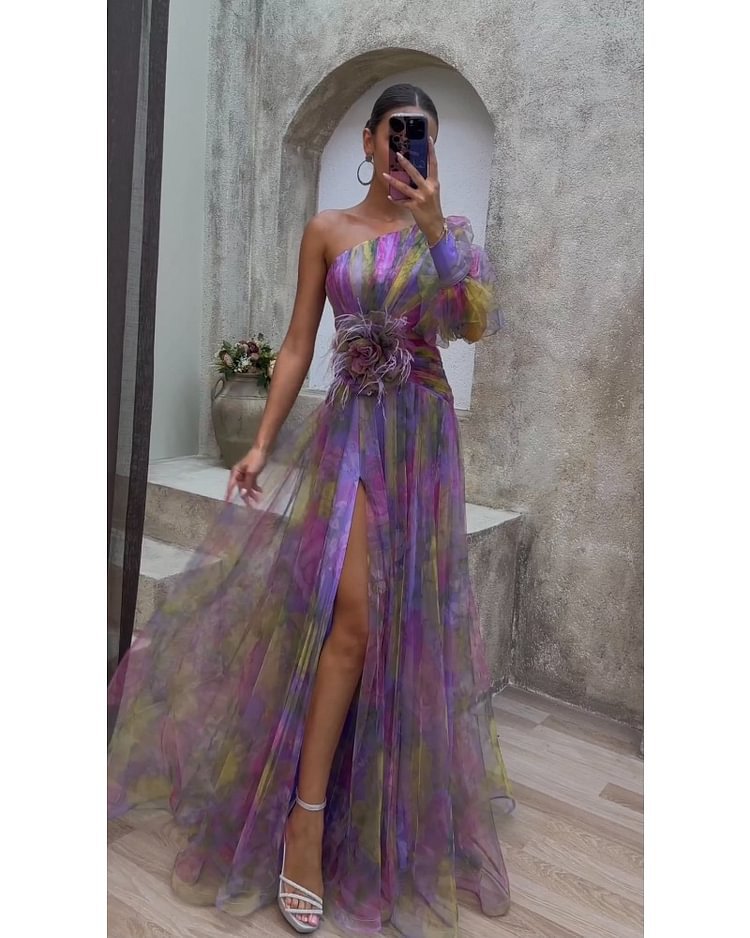 vmtvr - Elegant Tie-dye Print Dress Women Fashion Oblique Shoulder Pleated Long Dresses 2023 Summer Autumn Lady Party Evening Vestidos