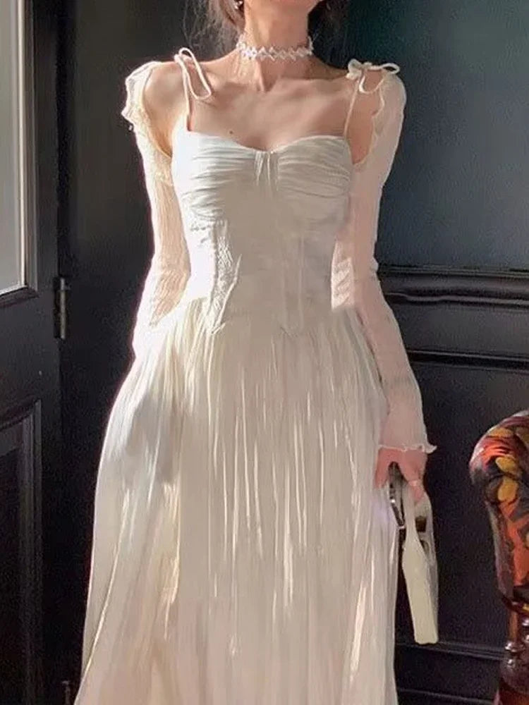 vmtvr 2024 Summer Sweet Elegant Vintage Slip Dress Women Folds Design Sexy Long Fairy Dress Female Korean Casual Y2k Party Dress New