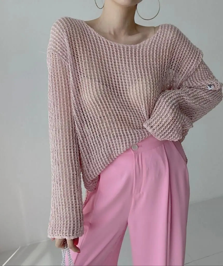 vmtvr Long Sleeve T-shirt Women Summer Thin Section Hollow Ice Silk Knit Sunscreen Coverall Korean Loose Tops