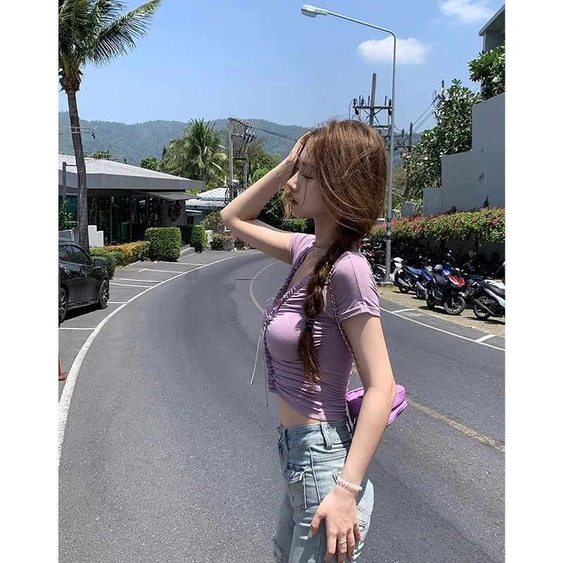 vmtvr Summer Fashion Solid V Neck T Shirts Women Short Sleeve Sexy Crop Tops Ladies Casual Tees Top Tees Female T-Shirts