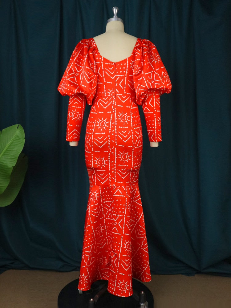 Maxi Long Dress Women Party Printed Mermaid Long Lantern Sleeve Vintage Retro Large Size African Event Celebrate Gown New