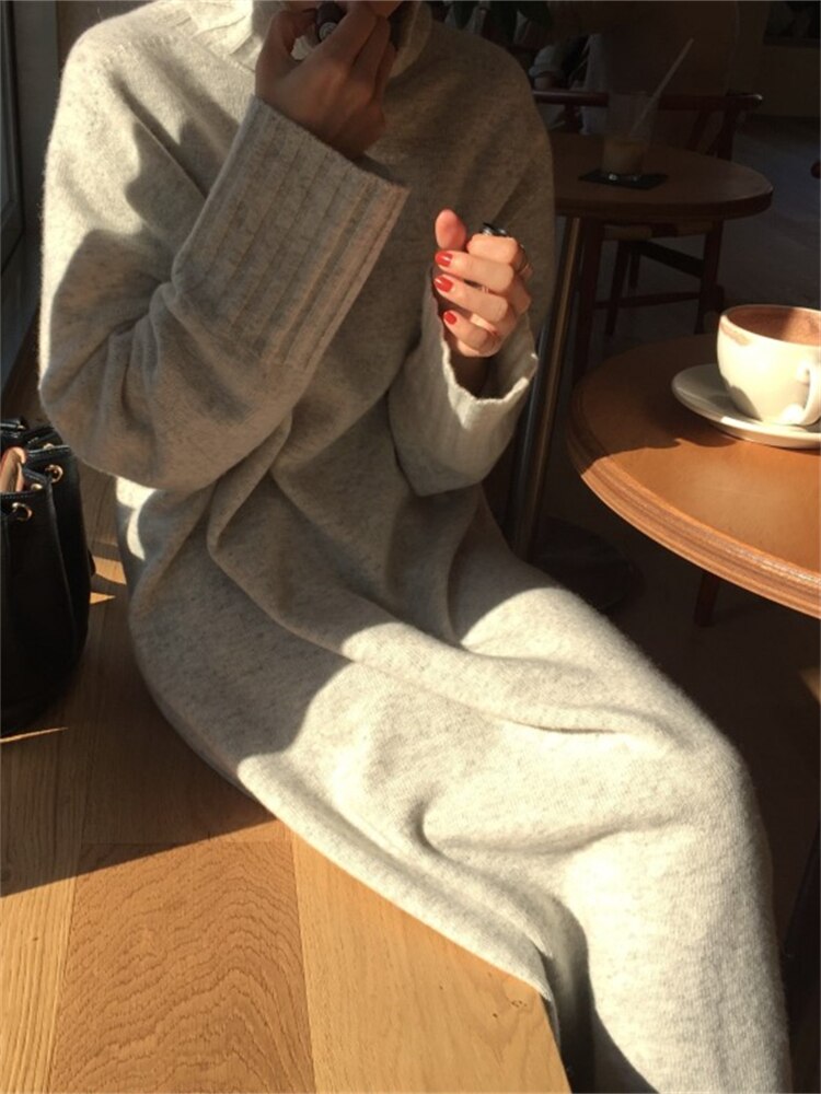 Thick Winter Women'S Dress Fall Sweater Women Dress Long Sleeve Knitted Dresses Maxi Vintage Oversize Dresses Knitting