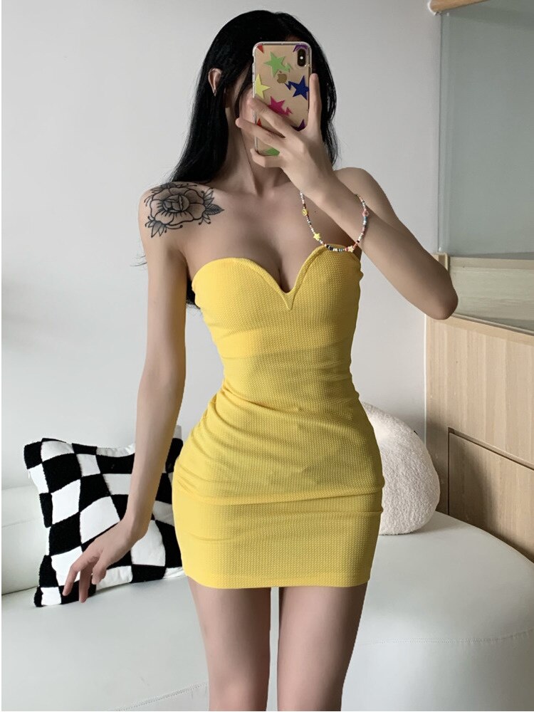 vmtvr - Chest Wrap Mini Tank Dress Sexy Tight High Waist Bright Elegant OL New Summer 2023 Hot Sexy Korean Robe Tops U780