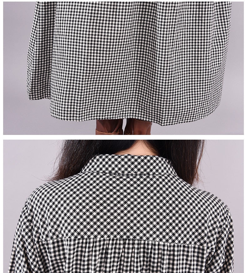 vmtvr - Dresses for Women Loose Stitching Cotton and Linen Plaid Long-sleeved Dress Women's Lace-up Waist Midi Skirt Elegantly