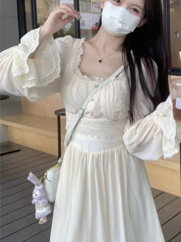 vmtvr Women French Princess Midi Dresses Summer Korean Lace Spliced Long Sleeve Vestidos New Fashion Evening Solid Clothes