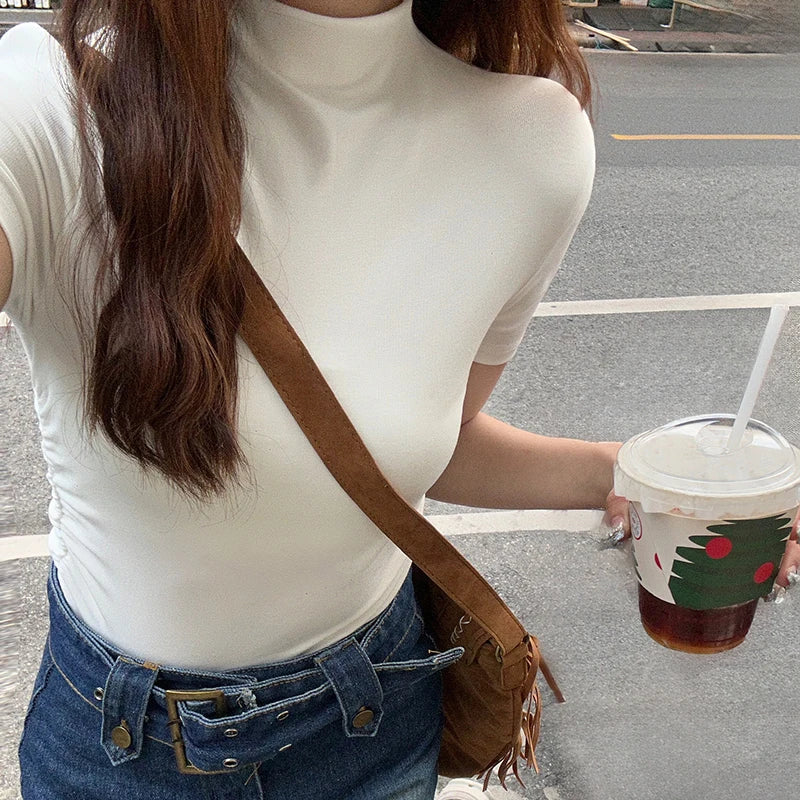 vmtvr Short Slim Turtleneck Pullover Inner Bottom Shirt Women Summer Spice Girls Design Tight Short Sleeve t-shirt Tops Soft