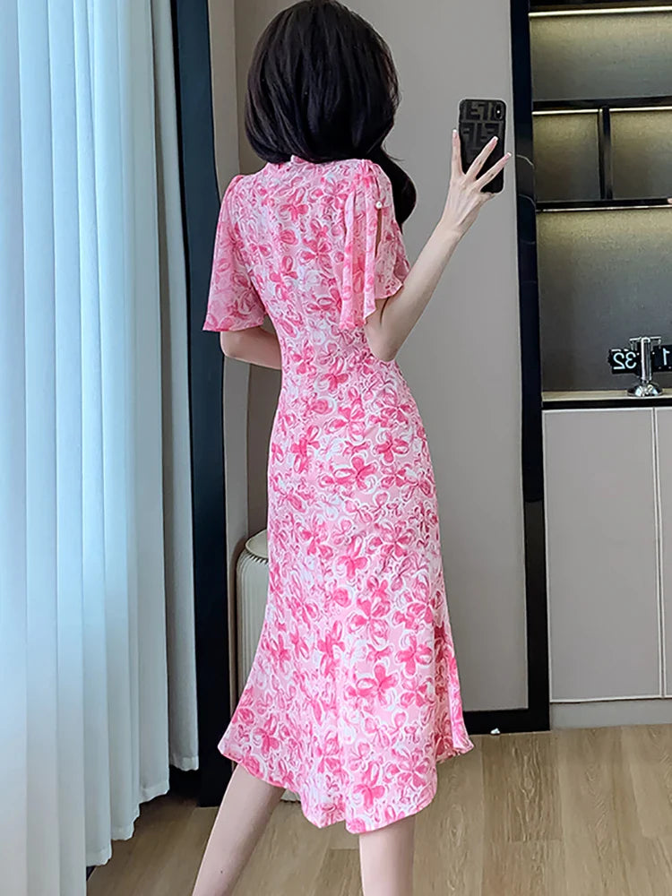 vmtvr 2024 Pink Floral Chic Casual Holiday Dress Summer Short Sleeve Bodycon Elegant Evening Dress Women Korean Fashion Party Vestidos